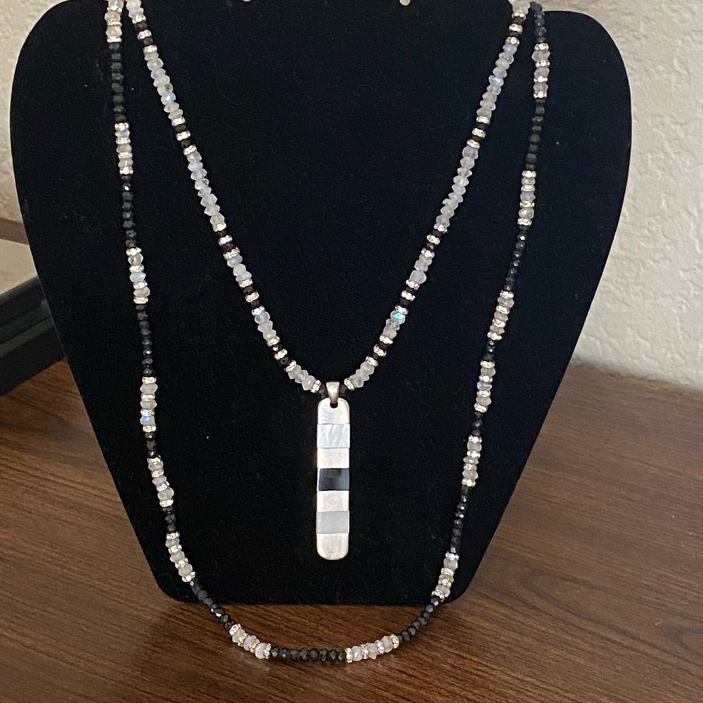 Moonstone black spinel artisan designed handmade Sterling double strand necklace